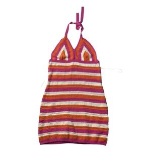 Vila Crochet Knit Halter Dress XL Pink Orange Striped Boho Beach Mini
